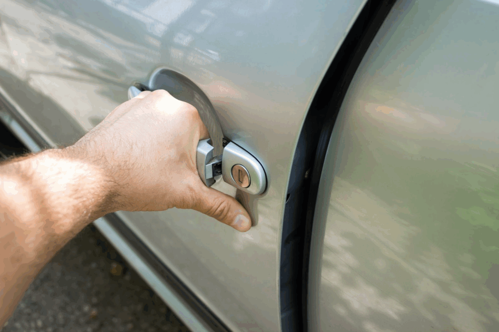 Close-up of a man's hand opening a car door during a lockout service.