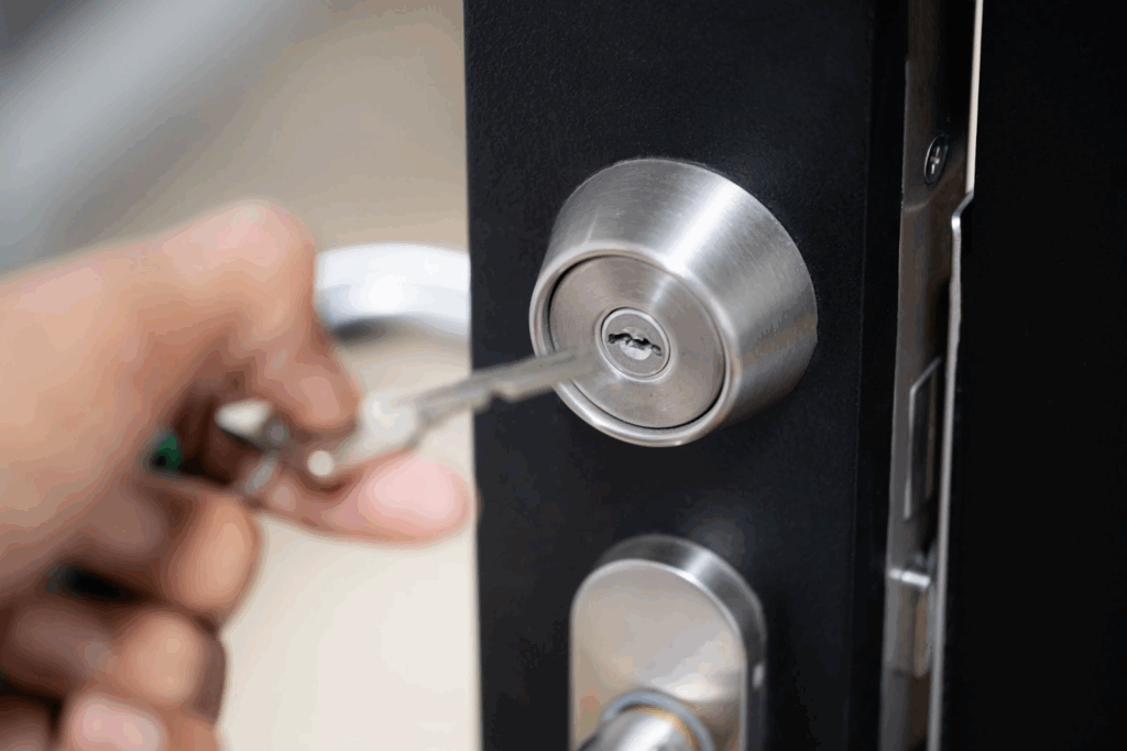 A hand inserts a key into a newly repaired residential door lock