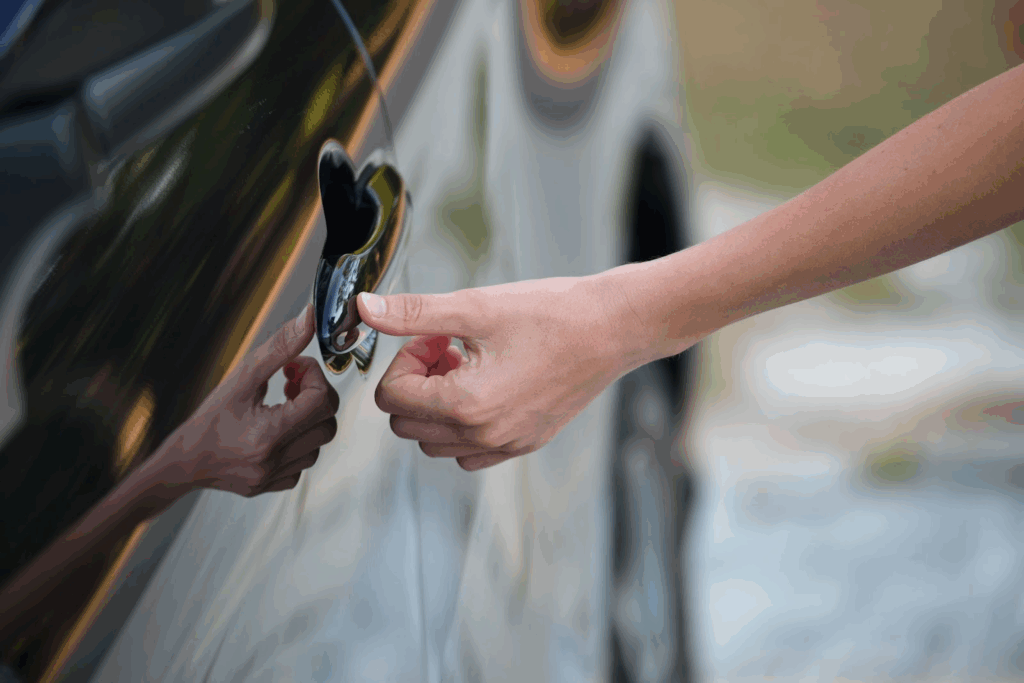 Driver unlocks a car door using a fingerprint touch sensor on the front handle