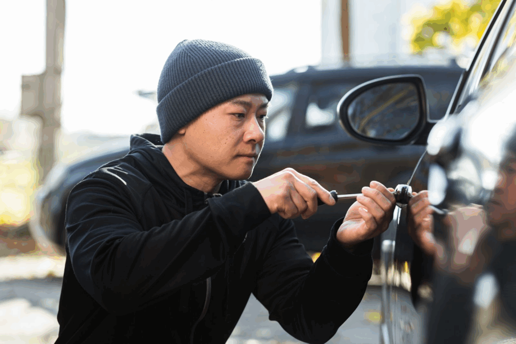 A man attempts to open a car door using a screwdriver tool.