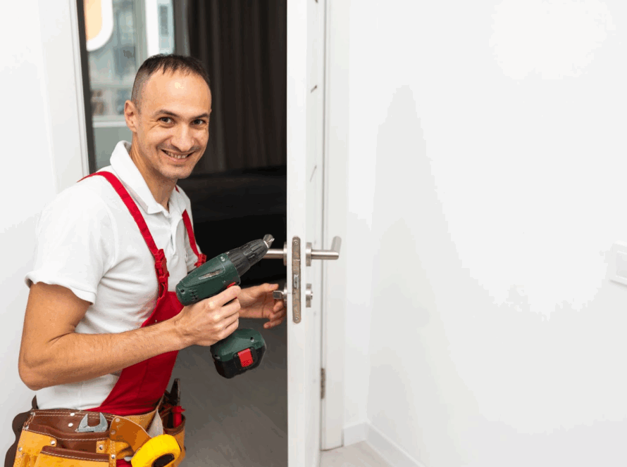A smiling residential locksmith installs a new door lock on a modern white front door of a residential home.